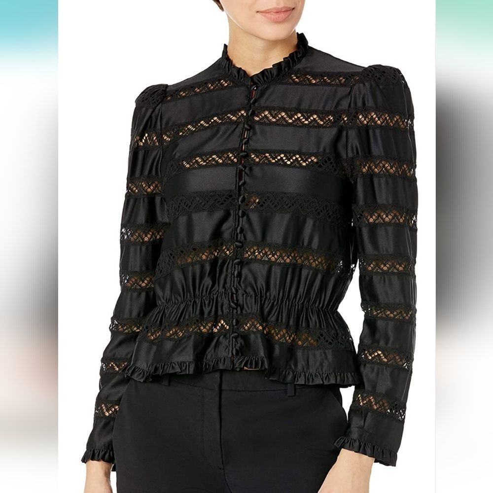 The Kooples Long Sleeve Satin Top With Horizontal Lace Stripes.